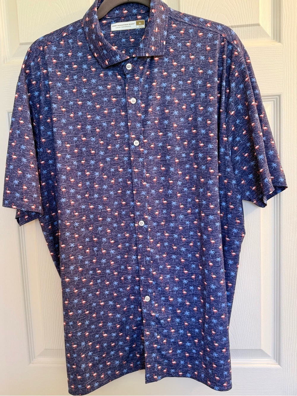 Hart Schaffner Men’s Marx Navy Short-Sleeve Button-Up with Pink Palm Print